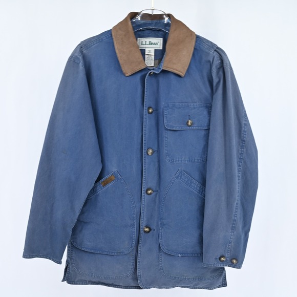 L.L. Bean Other - Vintage LL Bean Men S Blue Canvas Field Coat Leather Plaid Barn Chore Jacket
